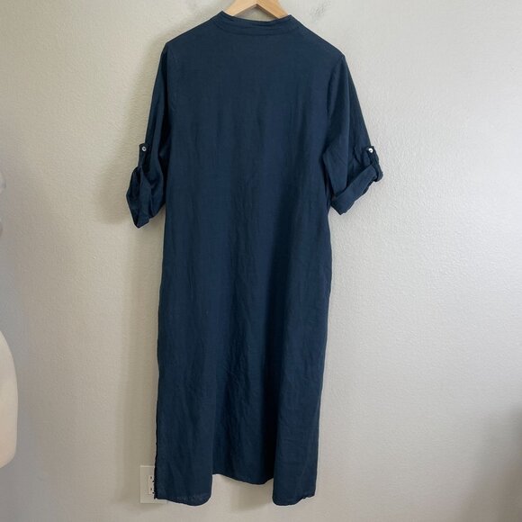 Francesca Bettini Womens Medium Linen Cotton Midi Dress Blue Roll Tab Sleeve - Picture 10 of 11